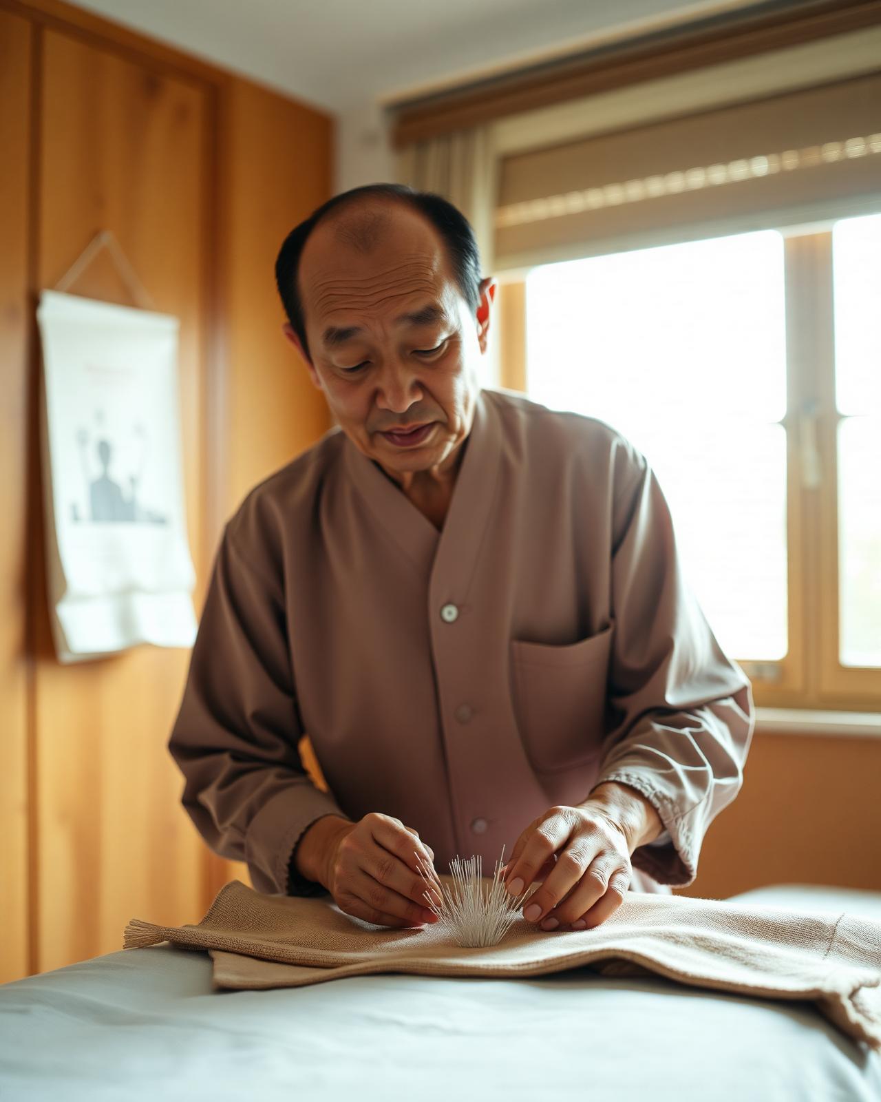 Practitioner preparing fine acupuncture needles in a quiet treatment room